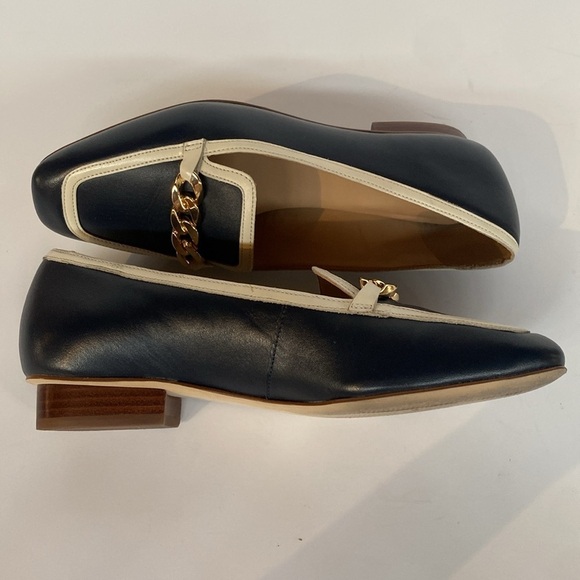 Talbots Estelle Chain Square Toe Leather Loafers Navy White Sz 6.5 - Picture 4 of 9